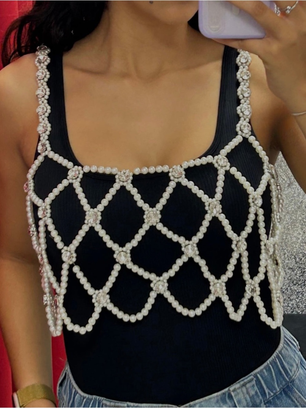 Pearl Lattice Crop Top Overlay – Black